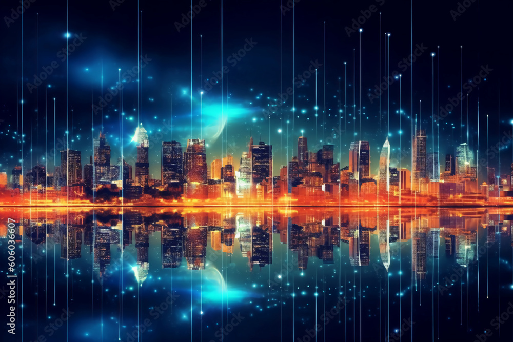 Smart city with wireless network connection and cityscape. big data connection technology concept. AI generative