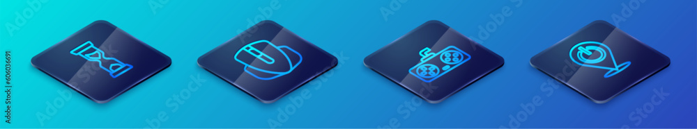 Set Isometric line Game controller or joystick, Old hourglass, Power button and Computer mouse icon. Vector Set Isometric line Game controller or joystick, Old hourglass, Power button and Computer mouse icon. Vector