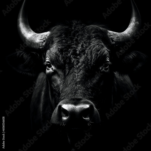 Dramatic black and white portrait of bull head - Generative AI