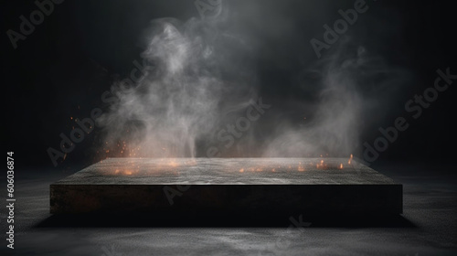 Gray textured concrete platform, podium or table with smoke in the dark. Generative AI
