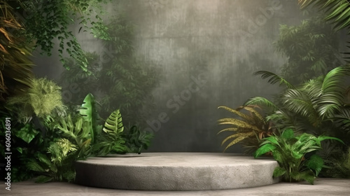 Concrete Podium In Tropical Forest For Product Presentation And Green Wall. 3D Render Illustration Generative AI