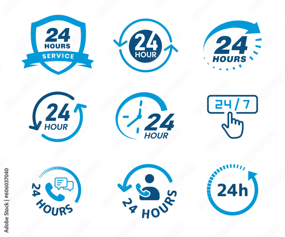 24-hour icon, badge bundle in blue color, 24-hour e-commerce customer support icon set, service daily, 24-hour blue color icon set for e-commerce, and icon bundle in blue.