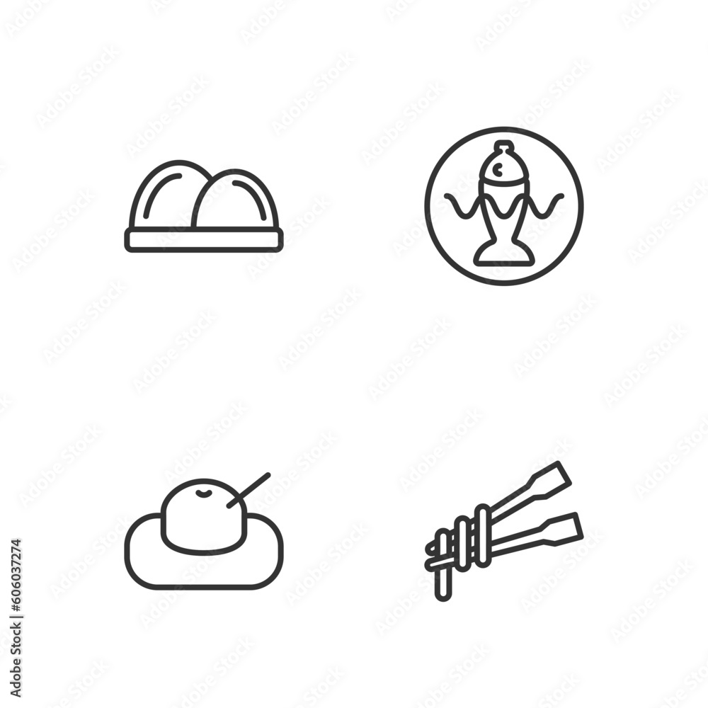 Set line Food chopsticks with noodles, Mochi, Sushi and Served fish on a plate icon. Vector Set line Food chopsticks with noodles, Mochi, Sushi and Served fish on a plate icon. Vector