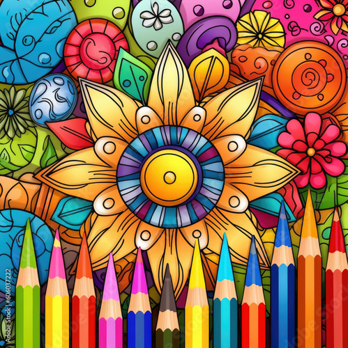 Cover illustration for a coloring book for children, colored large crayons and pencils