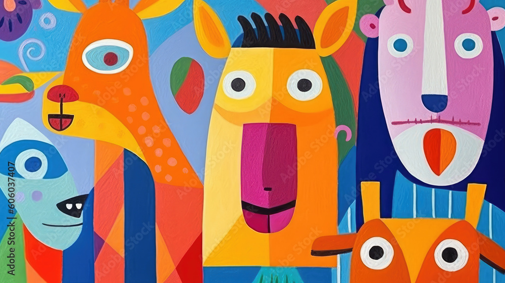 Colorful illustration with cute animals in cubism style for Children's Day