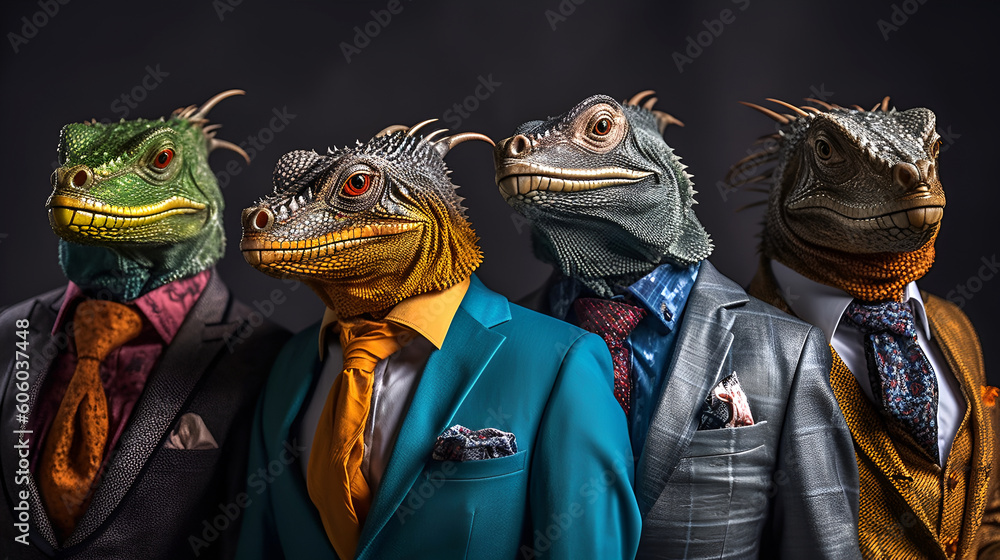 Creative animal concept. Gang family of basilisk in vibrant bright fashionable outfits, commercial, editorial advertisement, surreal surrealism. Group shot. Generative AI
