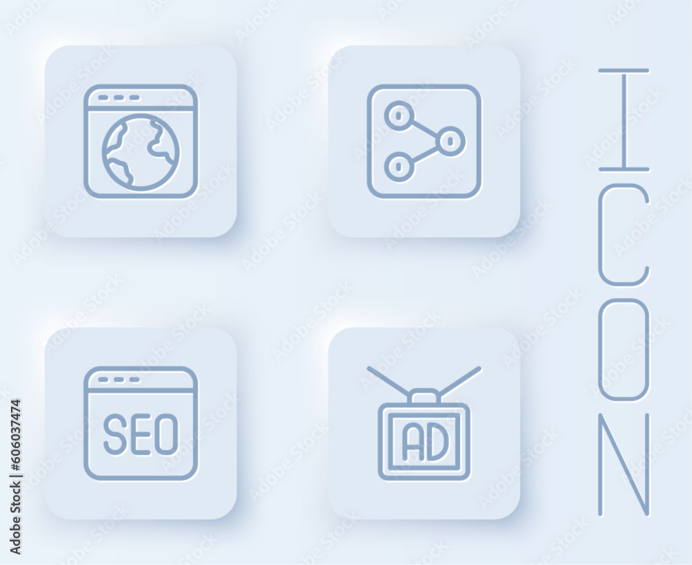 Set line Worldwide, Share, SEO optimization and Advertising. White square button. Vector Set line Worldwide, Share, SEO optimization and Advertising. White square button. Vector