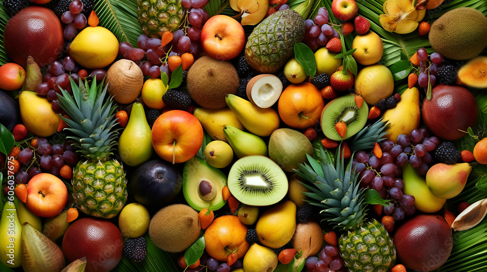 Assortment of colorful ripe tropical fruits. Top view Generative AI