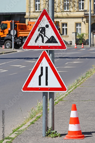 Road works traffic sign at the road construction site