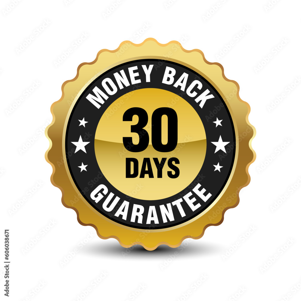 Powerful golden color 30 days money back guarantee badge sign symbol icon insignia isolated on white background. Vector illustration. Powerful golden color 30 days money back guarantee badge sign symbol icon insignia isolated on white background. Vector illustration.