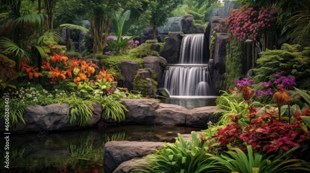 flower garden with a waterfall and a variety of colorful plants flower garden with a waterfall and a variety of colorful plants