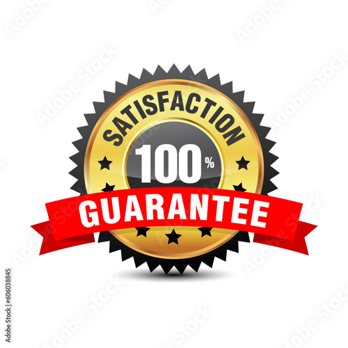 Golden color 100% satisfaction guarantee badge with red ribbon isolated on white background. Vector illustration. 