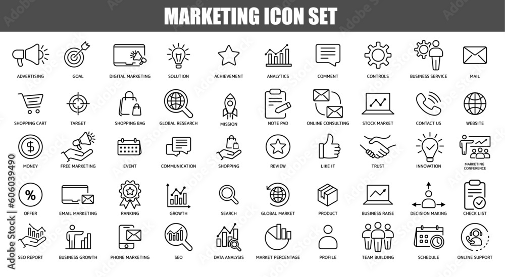 Marketing Vector line icon set of advertise, goal, target, shopping, research, mission, review, innovation, growth, data analysis and more. Collection of modern icon and pictogram. 