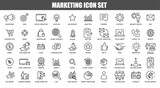 Marketing Vector line icon set of advertise, goal, target, shopping, research, mission, review, innovation, growth, data analysis and more. Collection of modern icon and pictogram. 