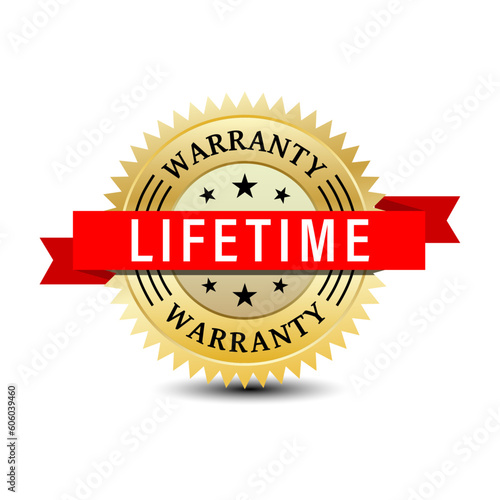 Lifetime warranty gold badge with red ribbon, Lifetime warranty stamp design element in round shape.