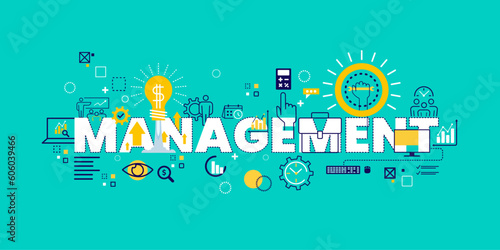 Vector creative illustration of management word lettering typography with line icons and management icon elements. Business time, risk management technology concept. Thin line art style design.