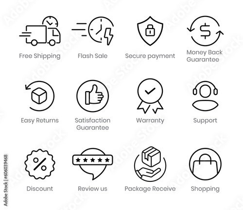 E-commerce business online shopping security badge satisfaction warranty discount etc. icon set.