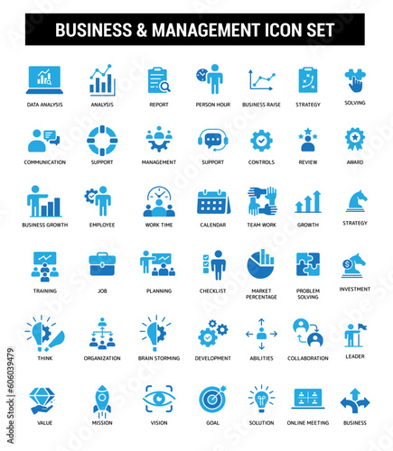 The business and Management blue fill color Icon Collection Set contains such Icons as strategy, report, support, review, award, team, solution, mission, vision, and more. Simple web icons set.