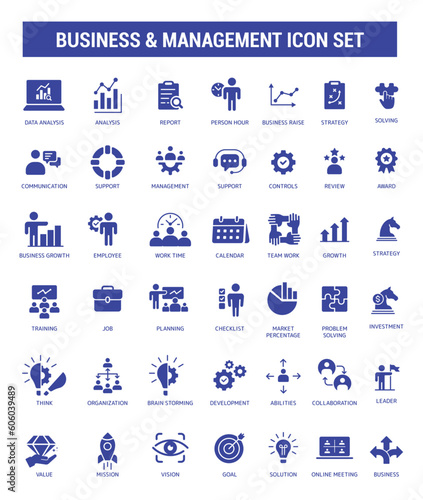 The business and Management blue fill color Icon Collection Set contains such Icons as strategy, report, support, review, award, team, solution, mission, vision, and more. Simple web icons set.