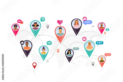 Social network with color pointers, Simple World map infographic communication template with social networking mark. 