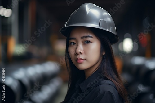 asian woman industrial smile helmet portrait business industry employee engineer job. Generative AI.