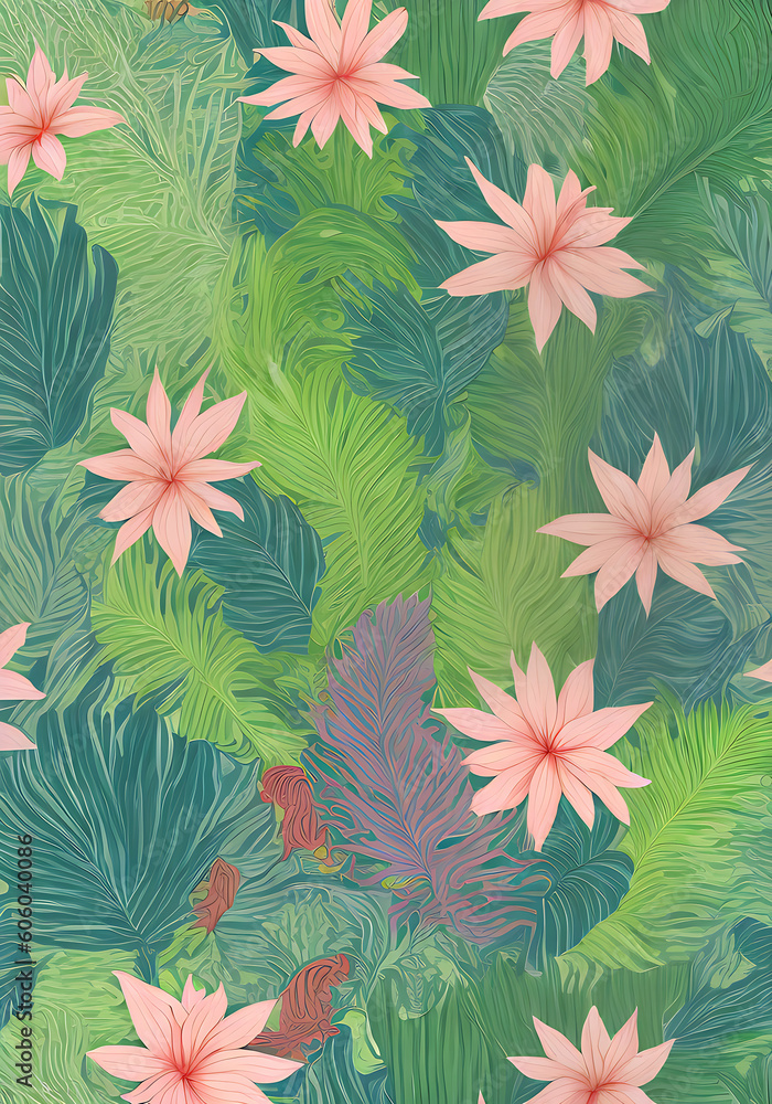 Fototapeta premium Tropical botanical pattern on flat stem. Pastels.