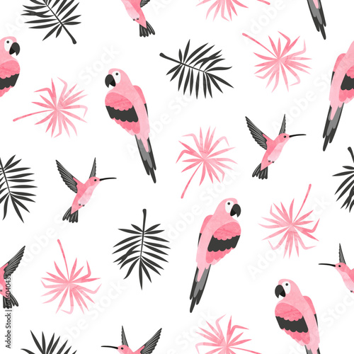 Seamless tropical pattern with watercolor birds and palm leaves. Vector parrots and hummingbirds illustration