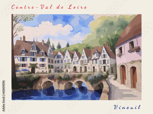 Vineuil: Postcard design with a scene in France and the city name Vineuil
