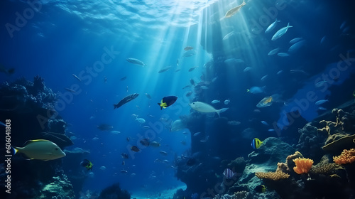Beautiful underwater view of the coral reef. Life in the ocean. School of fish. Generative AI © Nilla