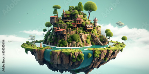Fantasy island illustration floating in the sky with green forest and houses