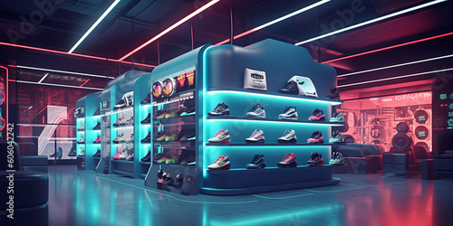 Futuristic sneaker shoe store with bright neon lights, design and architecture inspiration photo