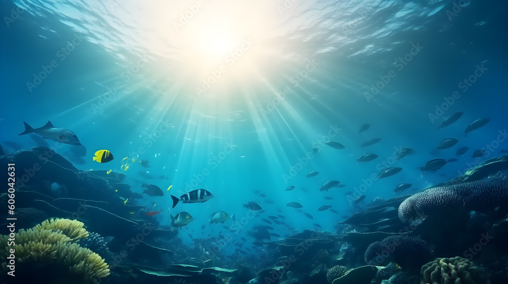 Obraz premium Beautiful underwater view of the coral reef. Life in the ocean. School of fish. Generative AI