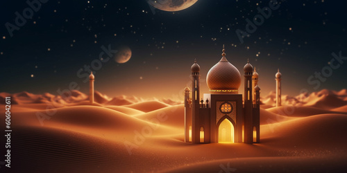 Ramadan kareem themed, lantern islamic mosque and crescent moon in the desert at night