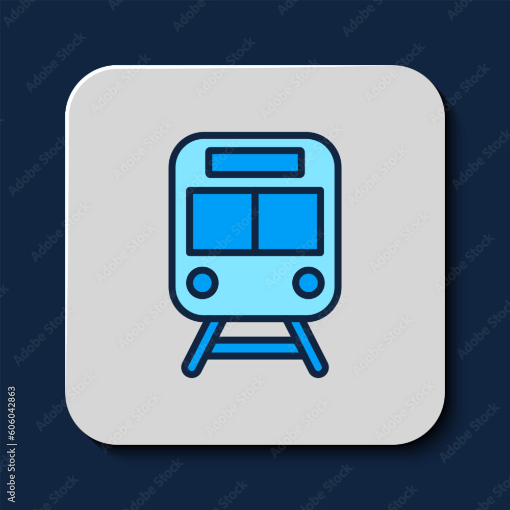 Filled outline Train and railway icon isolated on blue background. Public transportation symbol. Subway train transport. Metro underground. Vector Filled outline Train and railway icon isolated on blue background. Public transportation symbol. Subway train transport. Metro underground. Vector