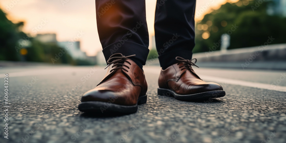 Feet and shoes of business man wearing a suit on the road close up