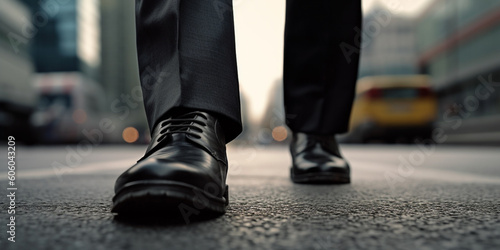 Feet and shoes of business man wearing a suit on the road close up © Artofinnovation