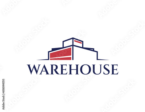 Simple Blue and Red Warehouse Building Logo Design Template