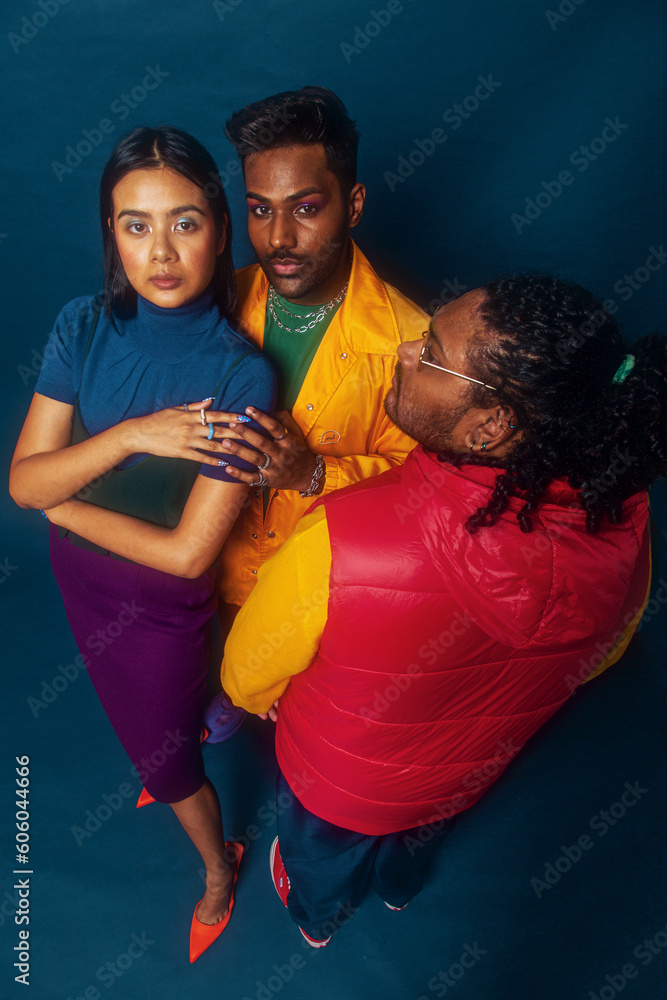 Obraz premium Asian trio colour blocked fashion studio portrait