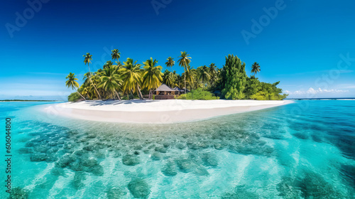 photo of tropical island with white sandy beaches, palm trees, and crystal-clear waters