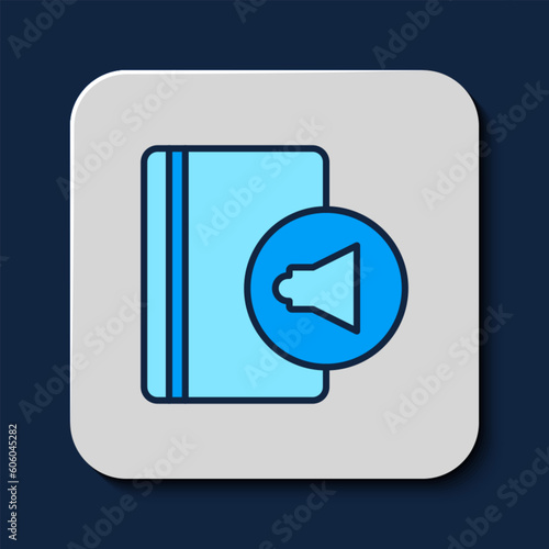Filled outline Audio book icon isolated on blue background. Book with headphones. Audio guide sign. Online learning concept. Vector