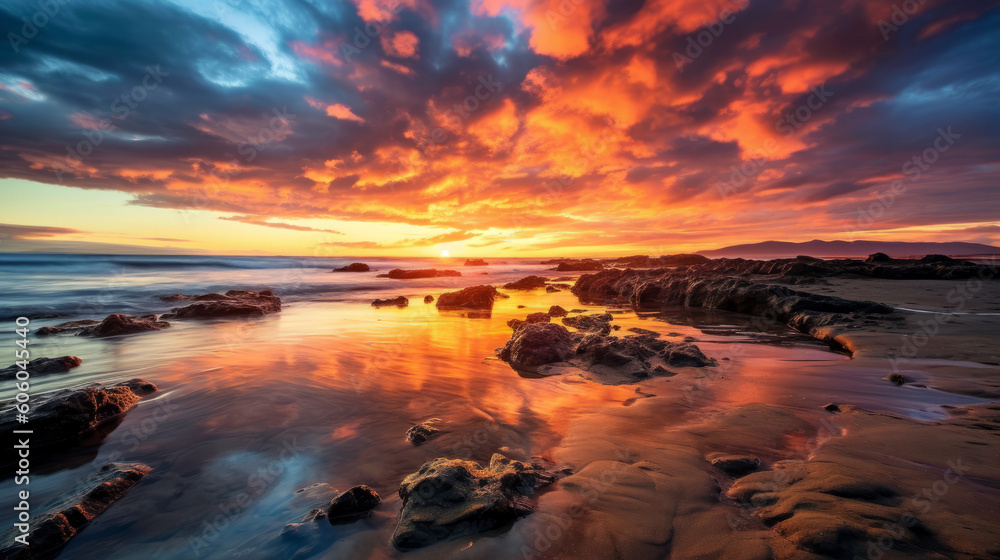 photo of sunset on the beach with vibrant colors and spectacular clouds
