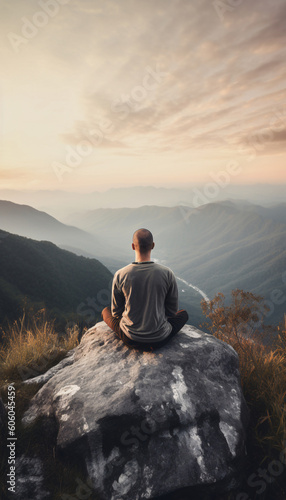 Mental health concept, a man meditating sitting on stones in the mountains, AI generated