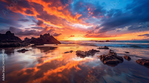 photo of sunset on the beach with vibrant colors and spectacular clouds