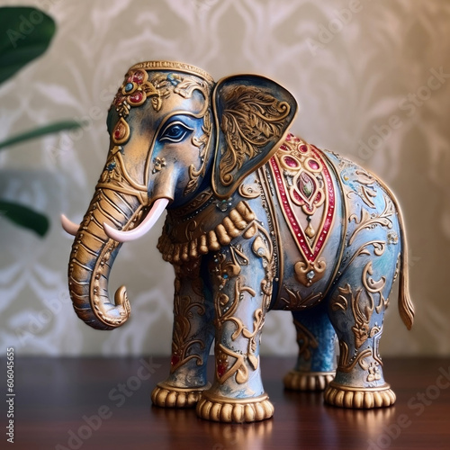 The majestic big elephant among the fragile porcelain. Illustration generated by Artificial Intelligence, AI