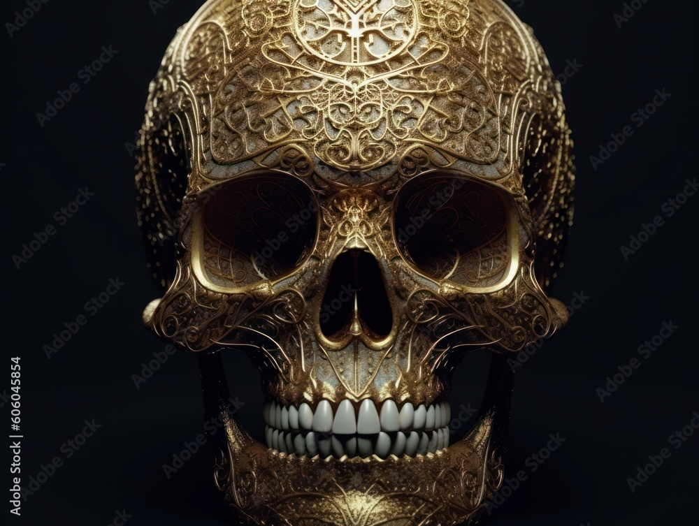 Skull with golden ornament on a dark background Created with Generative AI technology Skull with golden ornament on a dark background Created with Generative AI technology