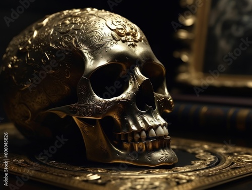 Skull with golden ornament on a dark background Created with Generative AI technology
