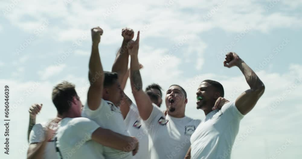 Sports, rugby and team celebrating and winning on a field together for victory or try. Teamwork collaboration, achievement and success for sport teammates with celebration after win performance Sports, rugby and team celebrating and winning on a field together for victory or try. Teamwork collaboration, achievement and success for sport teammates with celebration after win performance