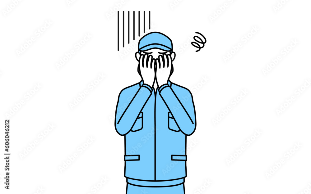 落ち込んで顔を覆う帽子と作業着姿の男性