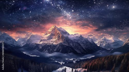 photo of snowy landscape with towering mountains and a starry sky