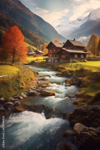 Swiss landscape with river stream and houses. Generative AI